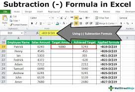 subtract in excel